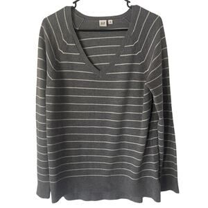 GAP Women Medium‎ Grey Merino Wool Blend V Neck Striped Long Sleeve Sweater